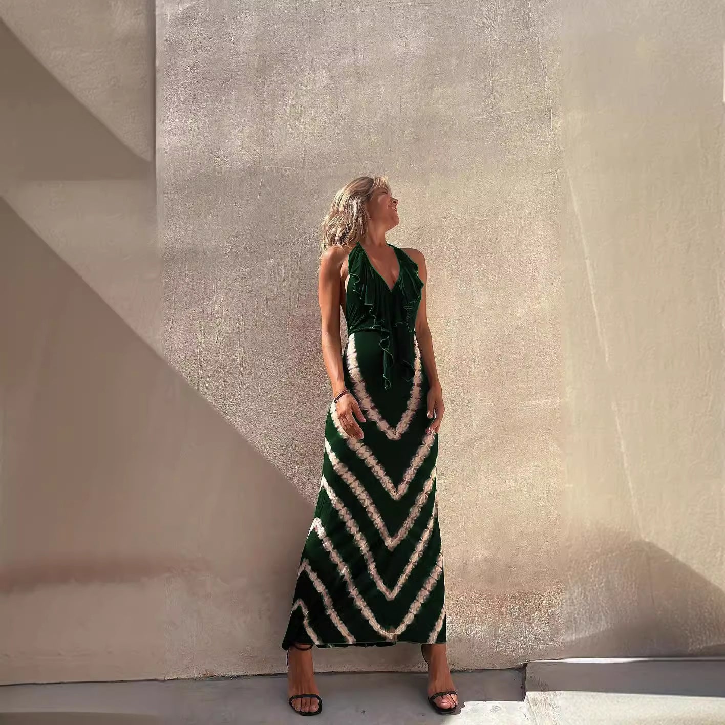 Ruffled V Neck Print Sleeveless A-Line Dress  Shop One Place