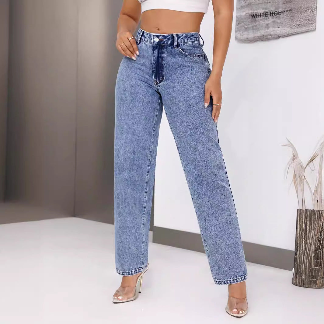 Women's Retro High Waist Denim Straight Leg Trousers