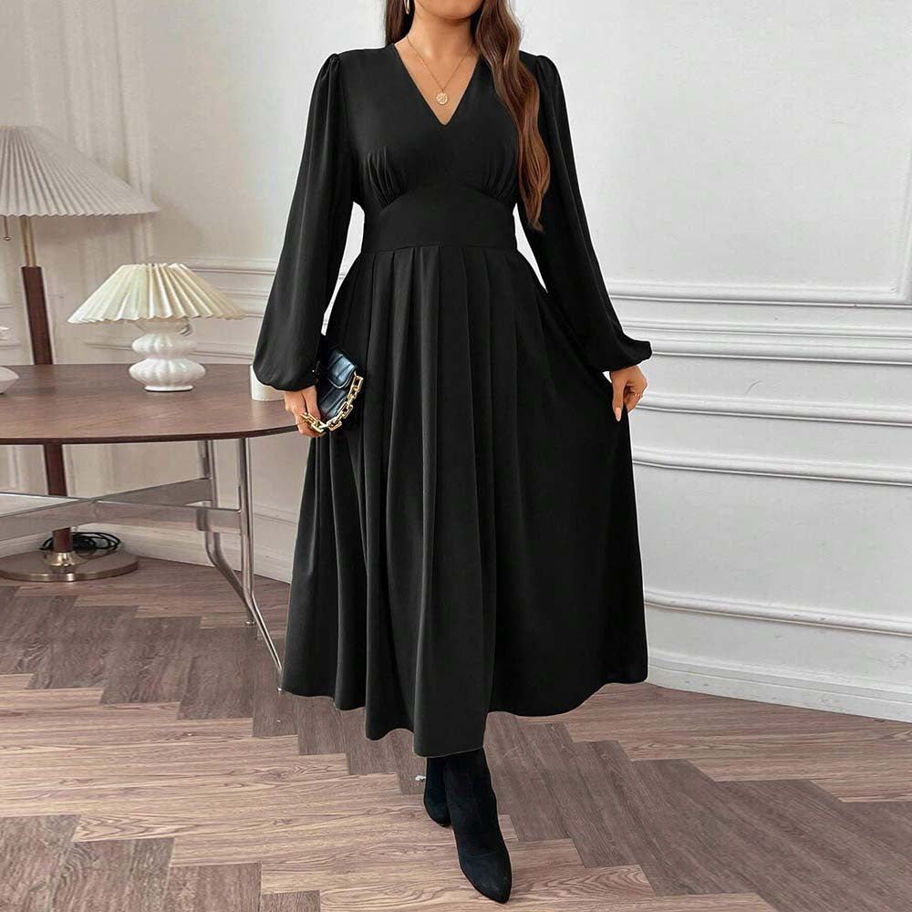 Plus Size Women Clothing Sexy V Neck Waist Puff Sleeve Midi Dress Large Swing Dress