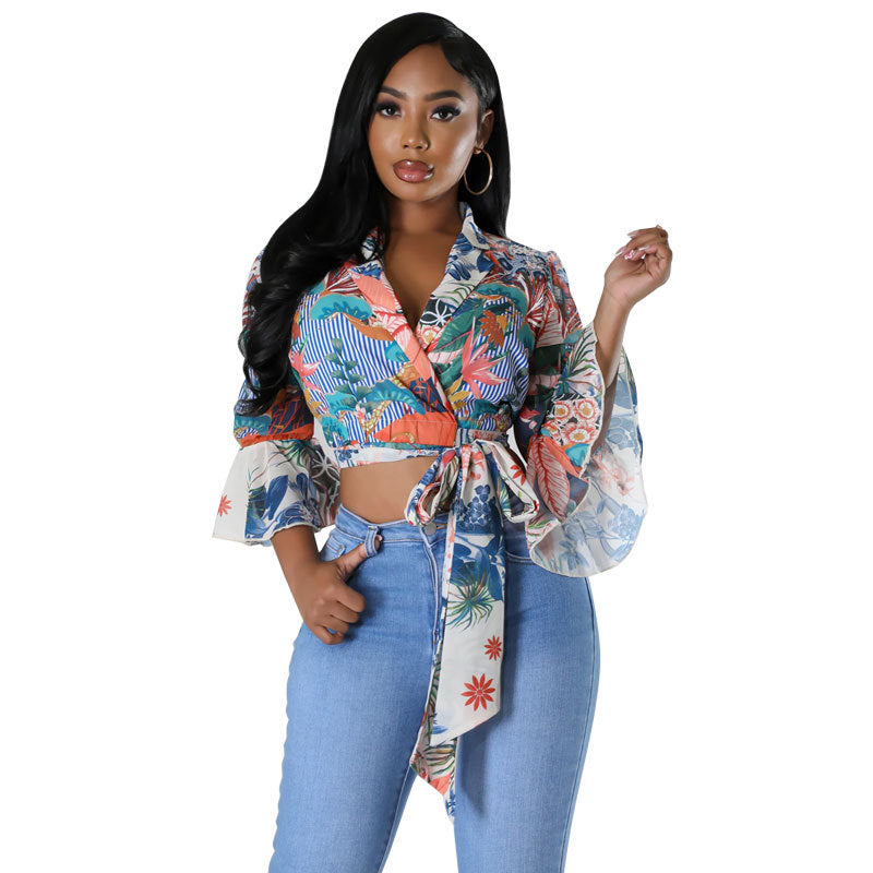 Tropical Printed Ruffle Tie Casual Women's Shirt