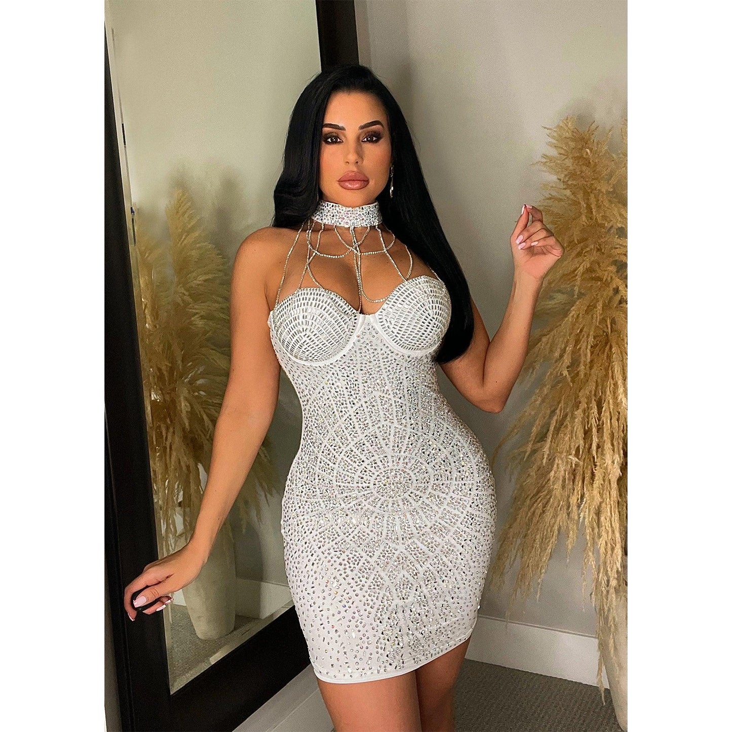 Tight Wrapped Chest Tassel Rhinestone Dress