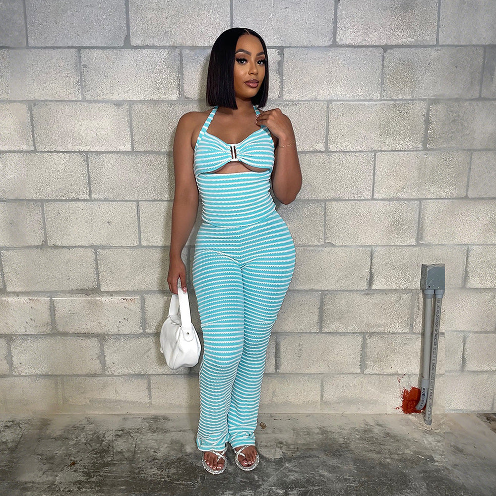 Knotted Short Sexy Top Match Slim Fit Pencil Pants Two-Piece Jacquard Stripes  Shop One Place