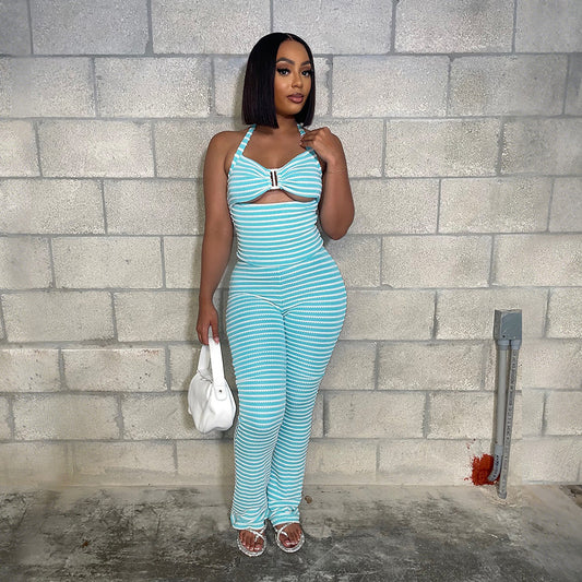 Knotted Short Sexy Top Match Slim Fit Pencil Pants Two-Piece Jacquard Stripes  Shop One Place