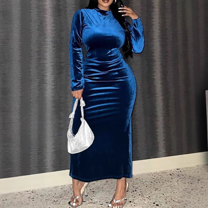 Plus Size Western Sheath Zipper Slit Long Sleeve Velvet Dress