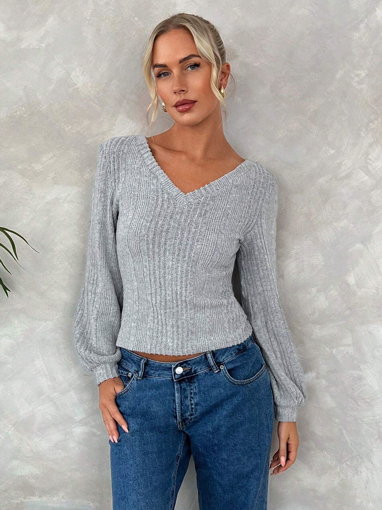 Lantern Sleeve Slim V-Neck Blouse  Shop One Place