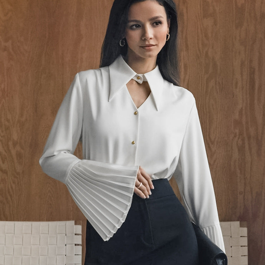 Collared Slim Fit Long Sleeve Hollow Out Chiffon Shirt - Shop One Place