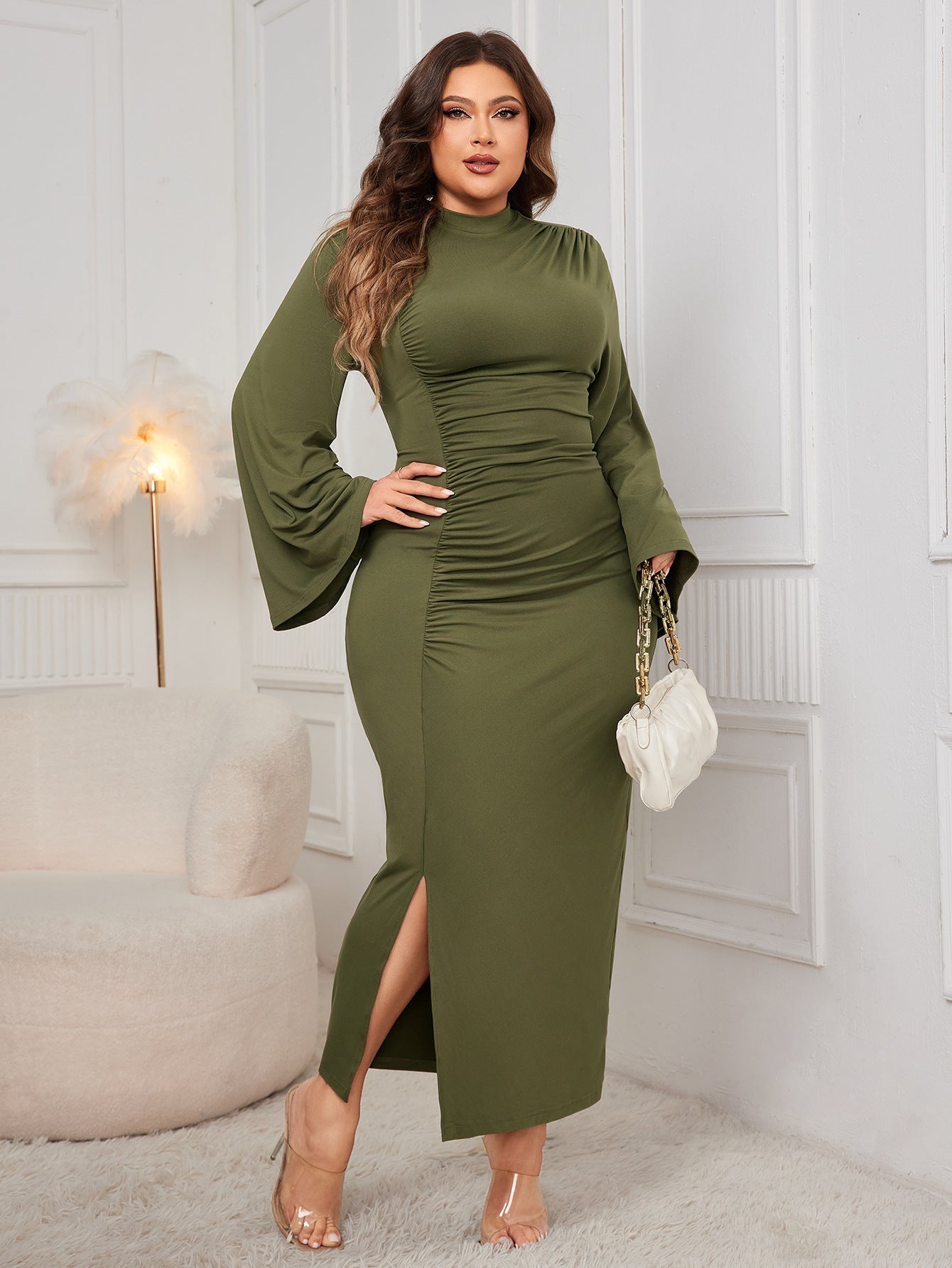 Plus Size Solid Color Slit Sheath Turtleneck Dress