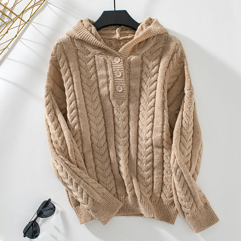 Hooded Pullover Thick Sweater Retro Button Cable Knit Sweater