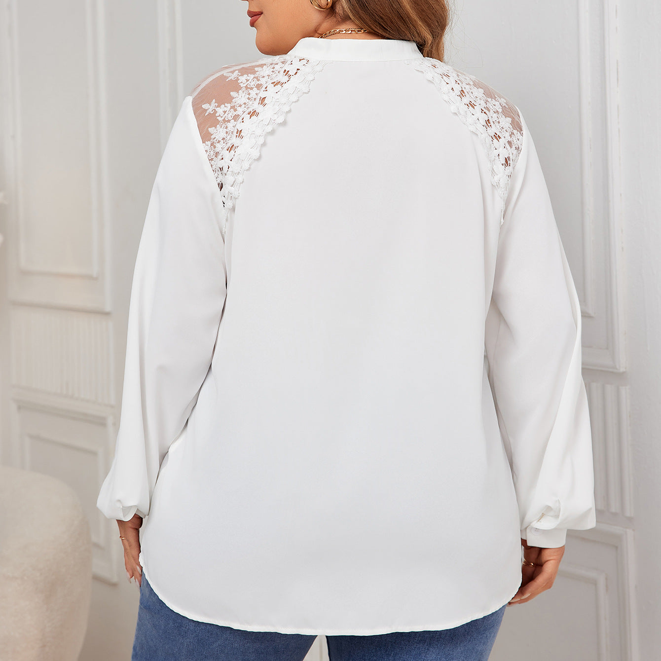 V Neck Lace Stitching Long Sleeve White Shirt