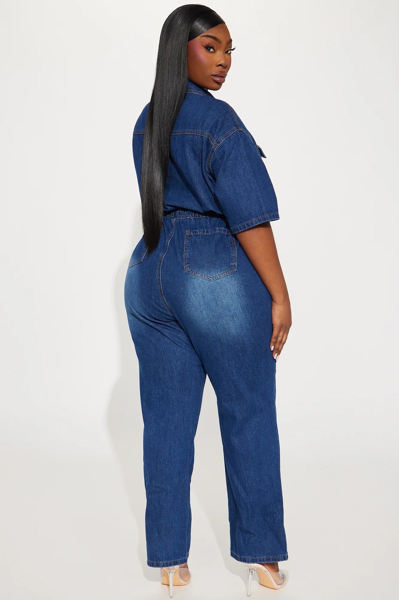 Slim Fit Stretch Short Sleeved Ankle Wash Denim Jumpsuit