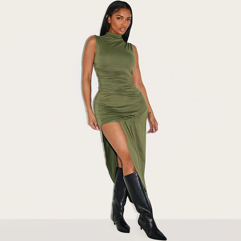 Summer Slim Fit Pleated Sheath Side Slit Sleeveless Dress  Shop One Place
