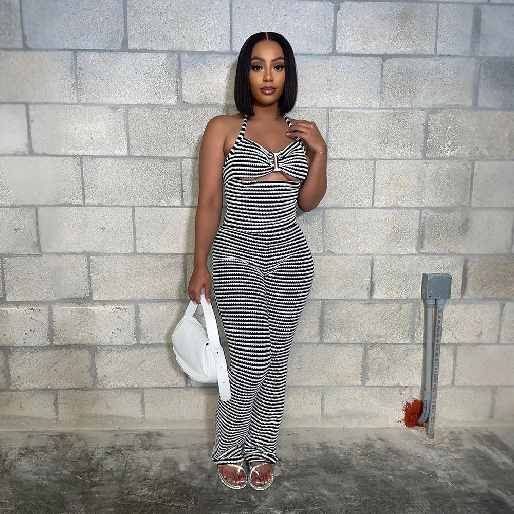 Knotted Short Sexy Top Match Slim Fit Pencil Pants Two-Piece Jacquard Stripes  Shop One Place