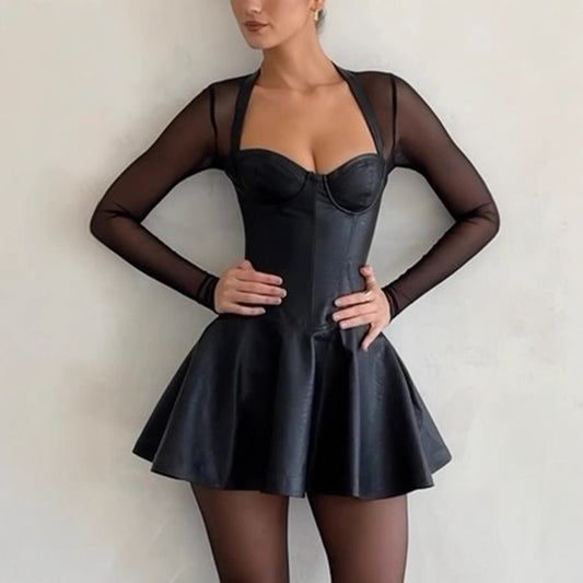 Long Sleeve Faux Leather Chest Wrapped Mini Dress  Shop One Place