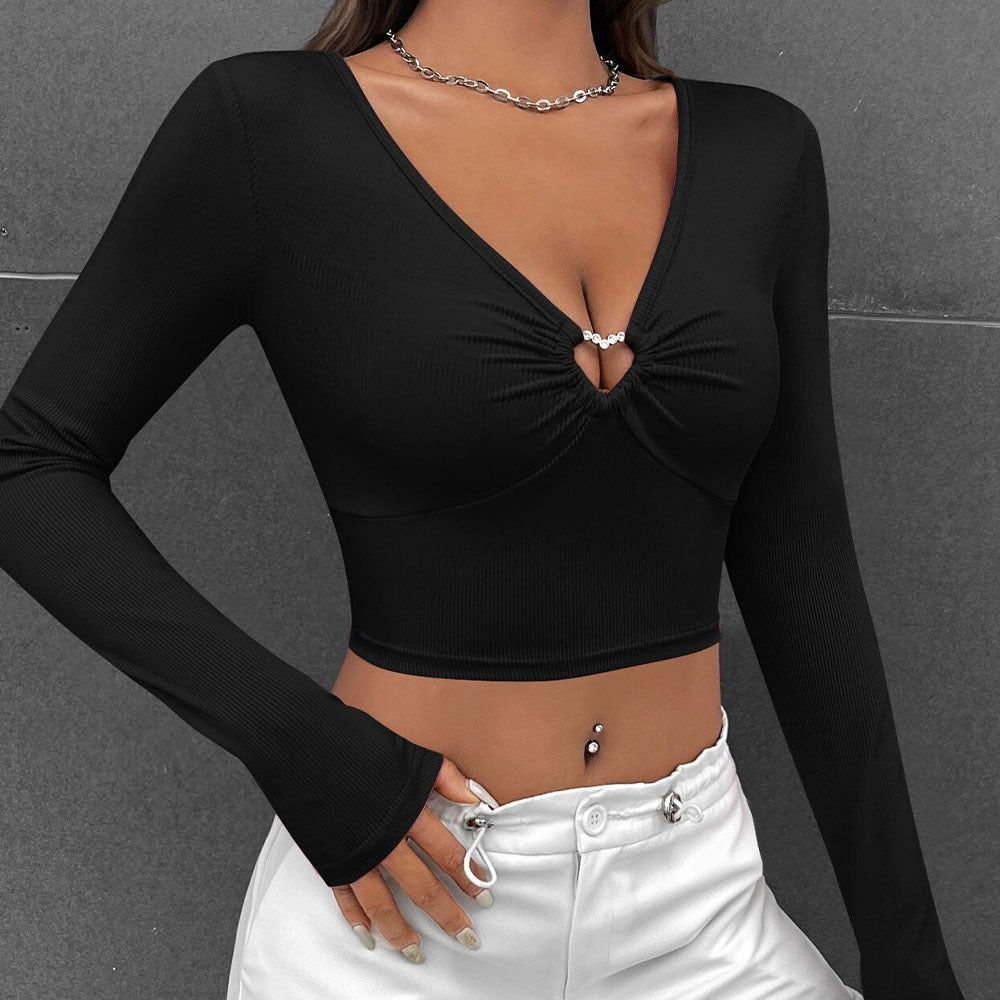 Tight Cropped V neck Long Sleeve Top