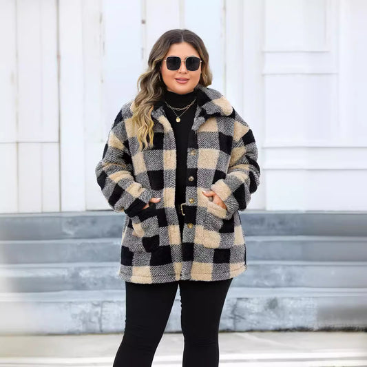 Plus Size Plaid Thickened Fleece Turn Down Collar Coat