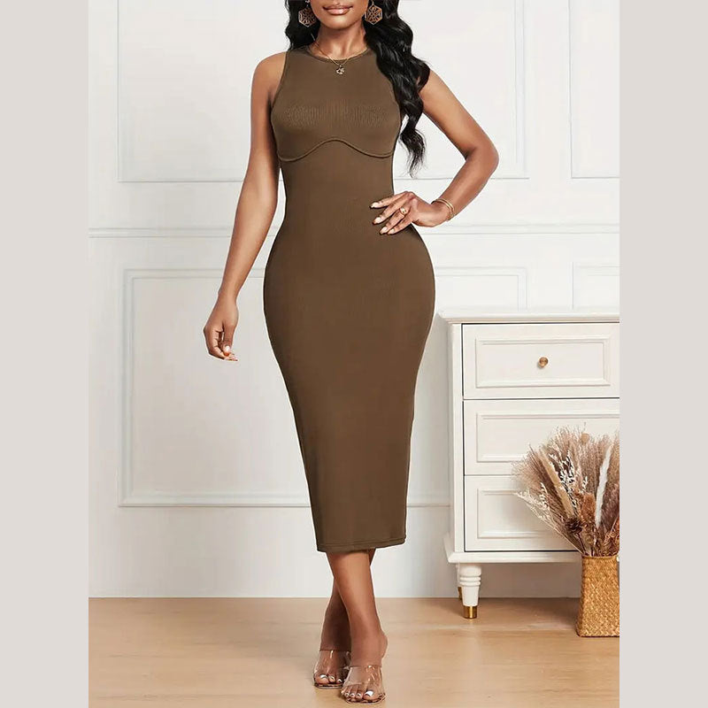 Elegant Slim Fit Round Neck Back Cross Strap Knitted Dress