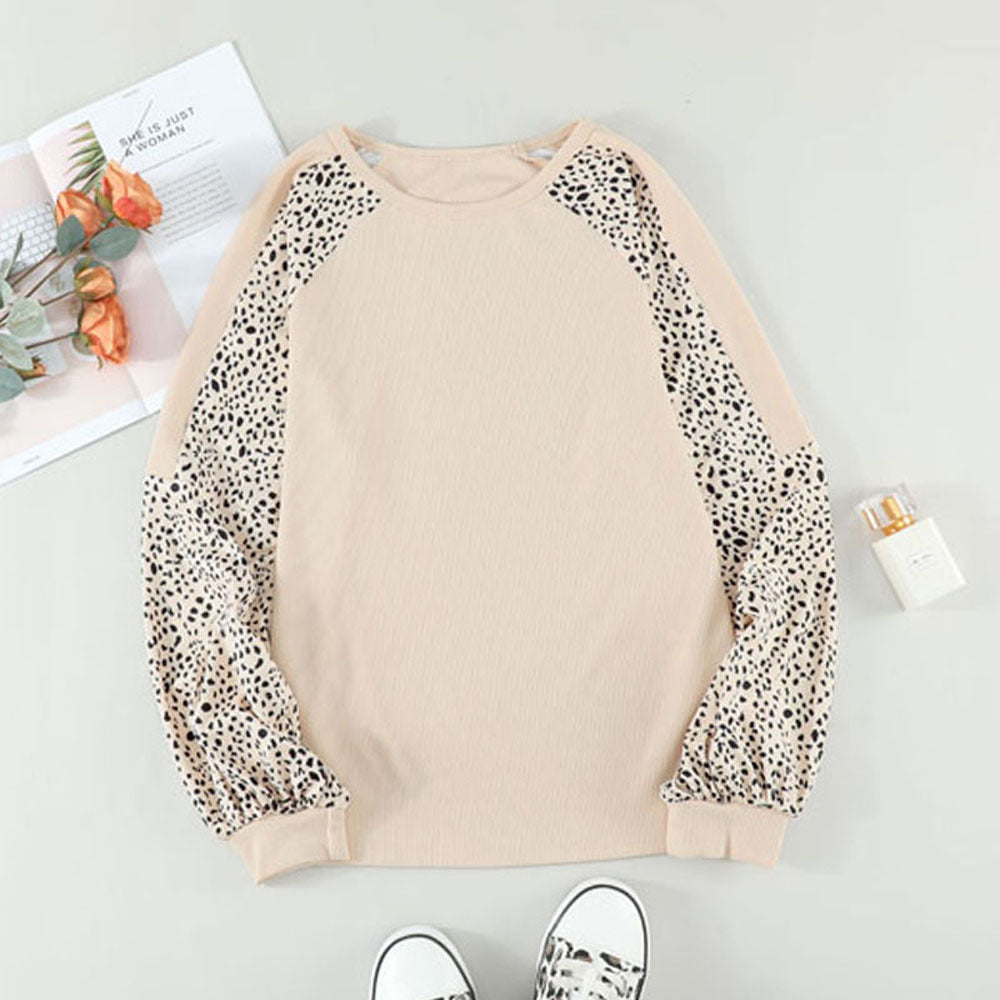 Long-Sleeved Leopard Print Crew Neck Blouse