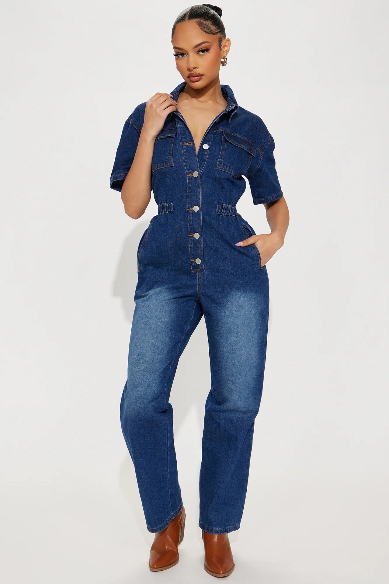 Slim Fit Stretch Short Sleeved Ankle Wash Denim Jumpsuit