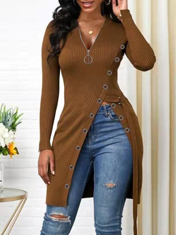Autumn Winter Women Clothing V-neck Long Sleeve High Slit Thread Zipper T-shirt Top  Shop One Place