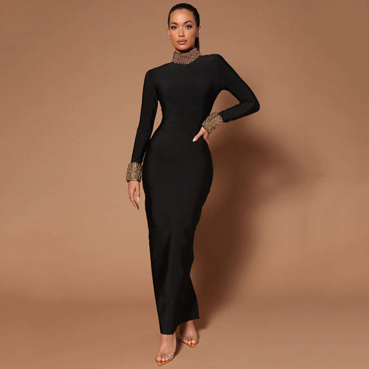 Diamond Bead Long Sleeve Backless Bandage Dress  Shop One Place