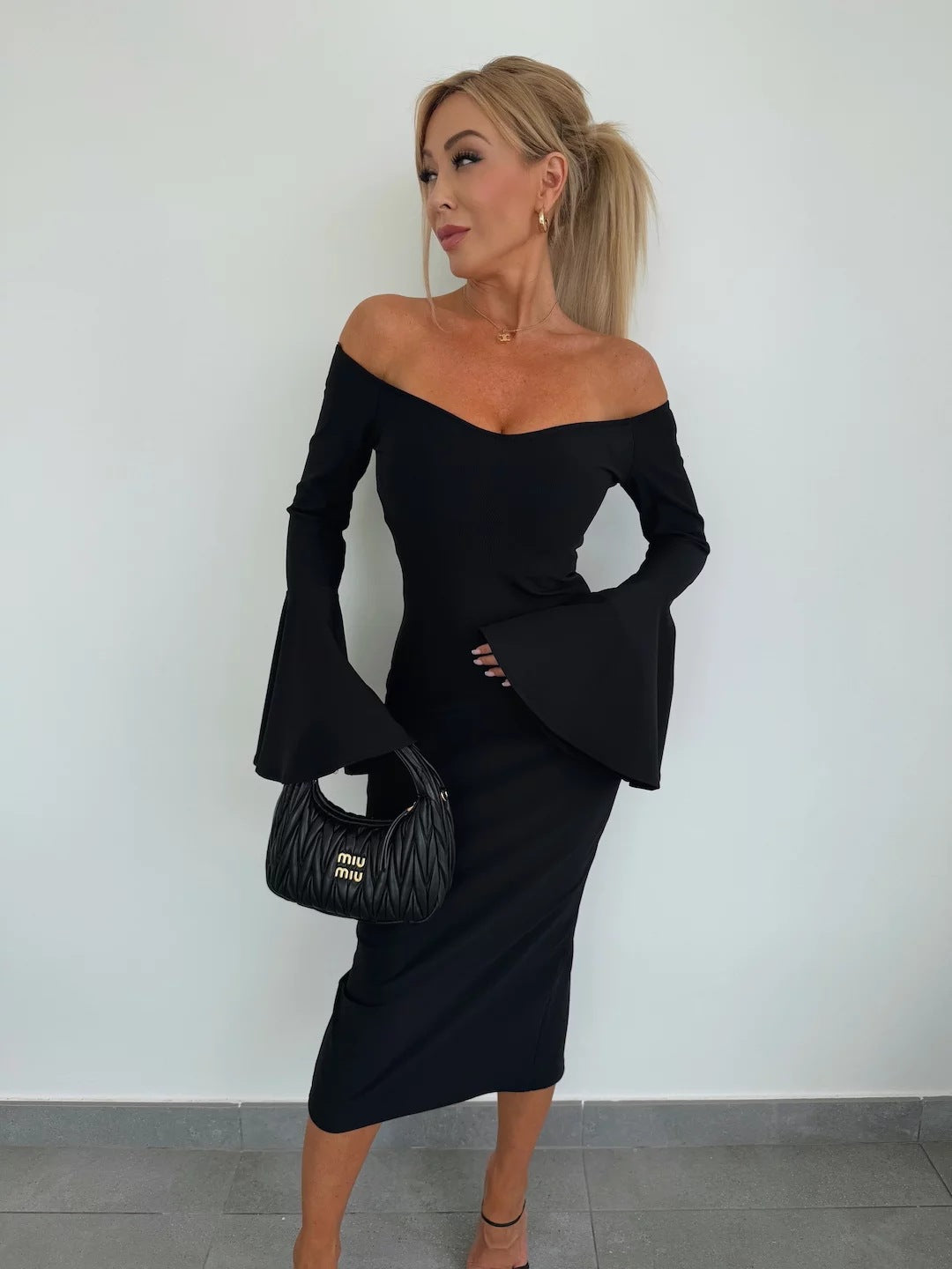 Slim off Shoulder Flared Long Sleeves Dress  Shop One Place