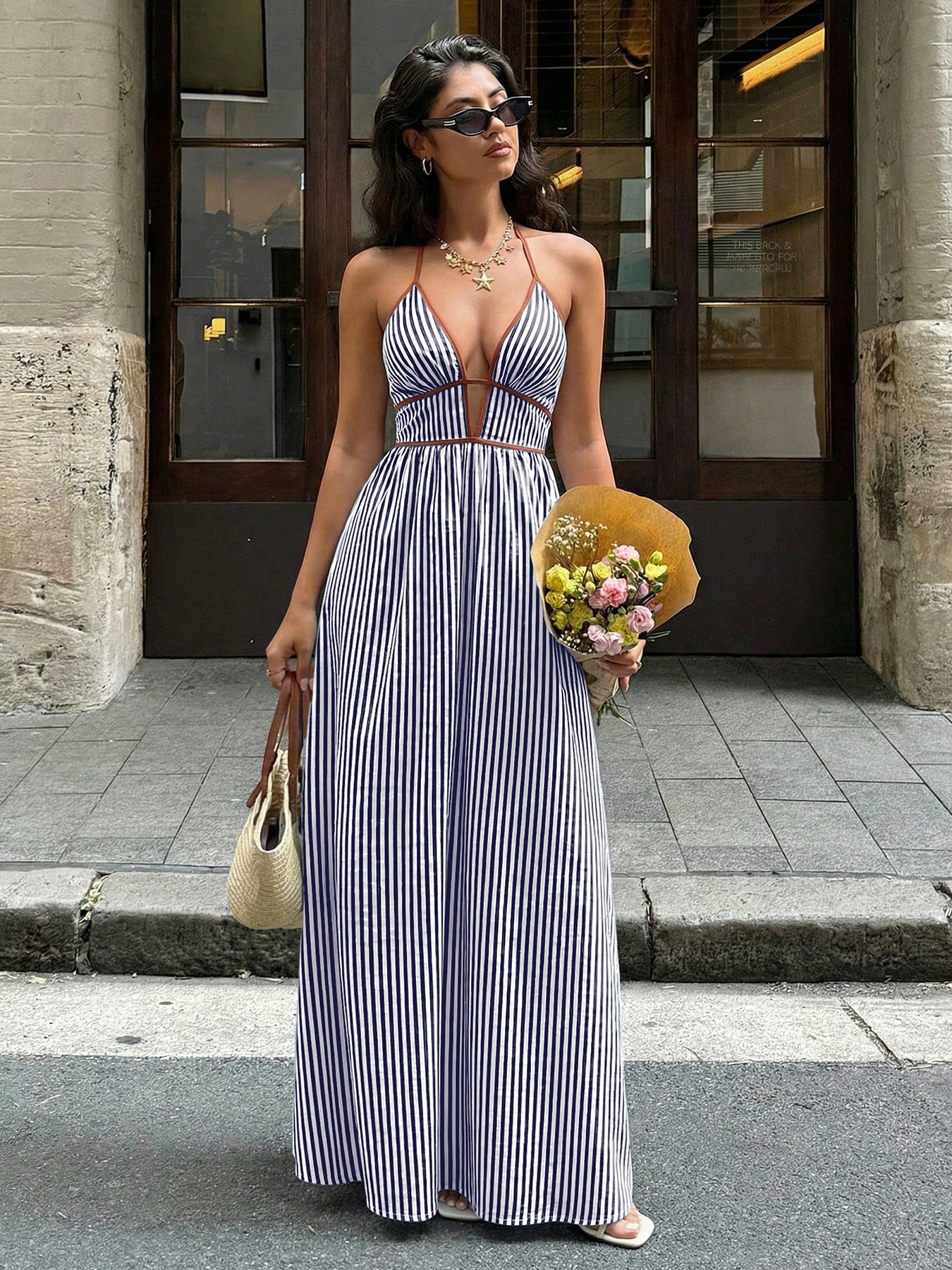 Summer V neck Striped Holiday Dress Elegant Backless Sleeveless Halter Maxi Dress Women  Shop One Place