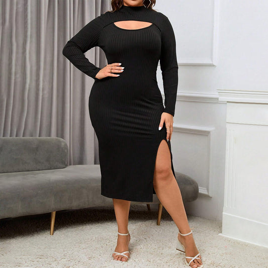 Plus Size Women Clothing Sexy Cutout Split Waist Fitted Sheath Long Sleeve Dress