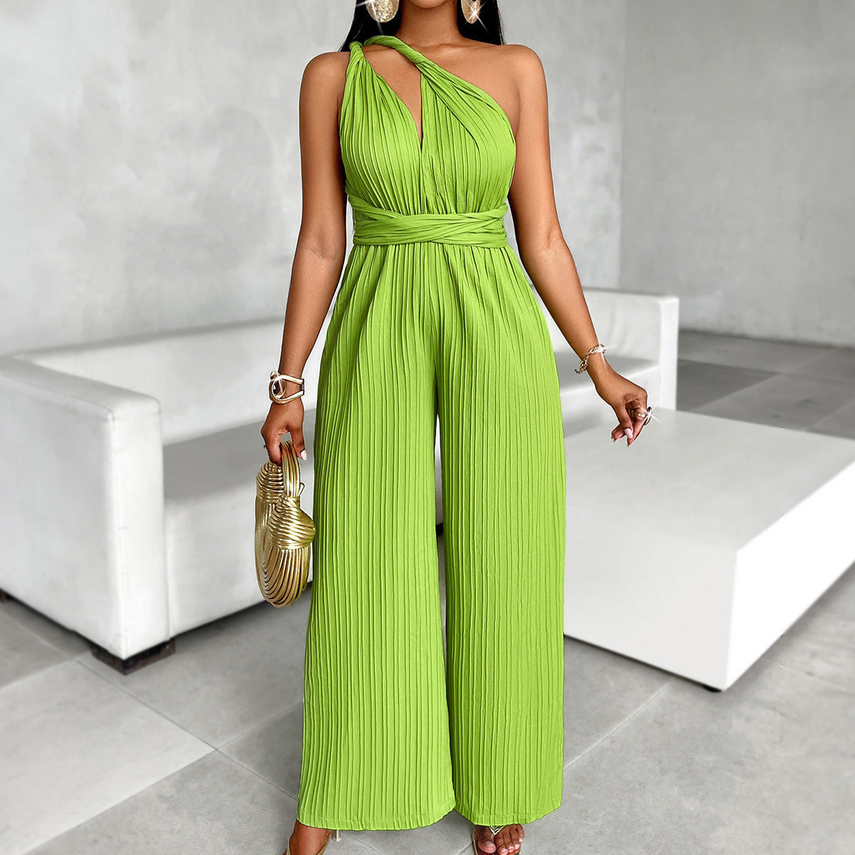 Summer Sexy Wind Solid Color Diagonal Collar Fitted Waist Jumpsuit Casual