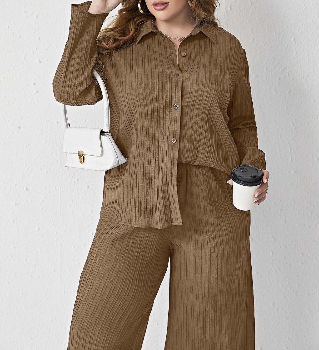 Plus Size Pleated Casual Loose Shirt High Waist Trousers Two Piece Set