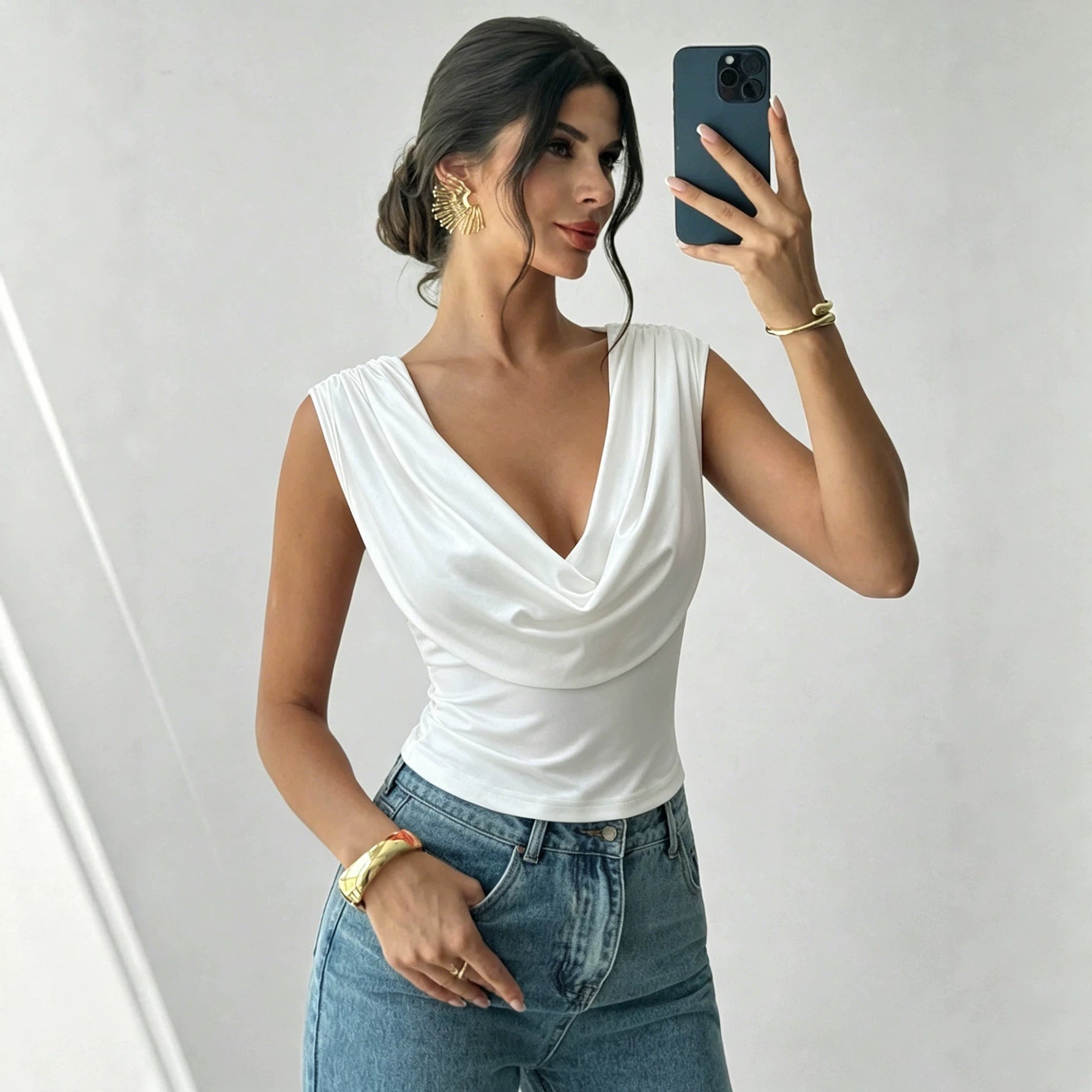 Summer Swing Collar Sleeveless T shirt Waist Slimming Sexy Short Top Women  Shop One Place