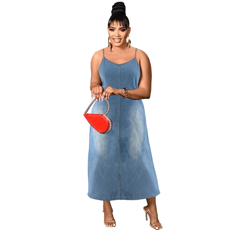 Plus Size Women Clothing Denim Sling Maxi Dress