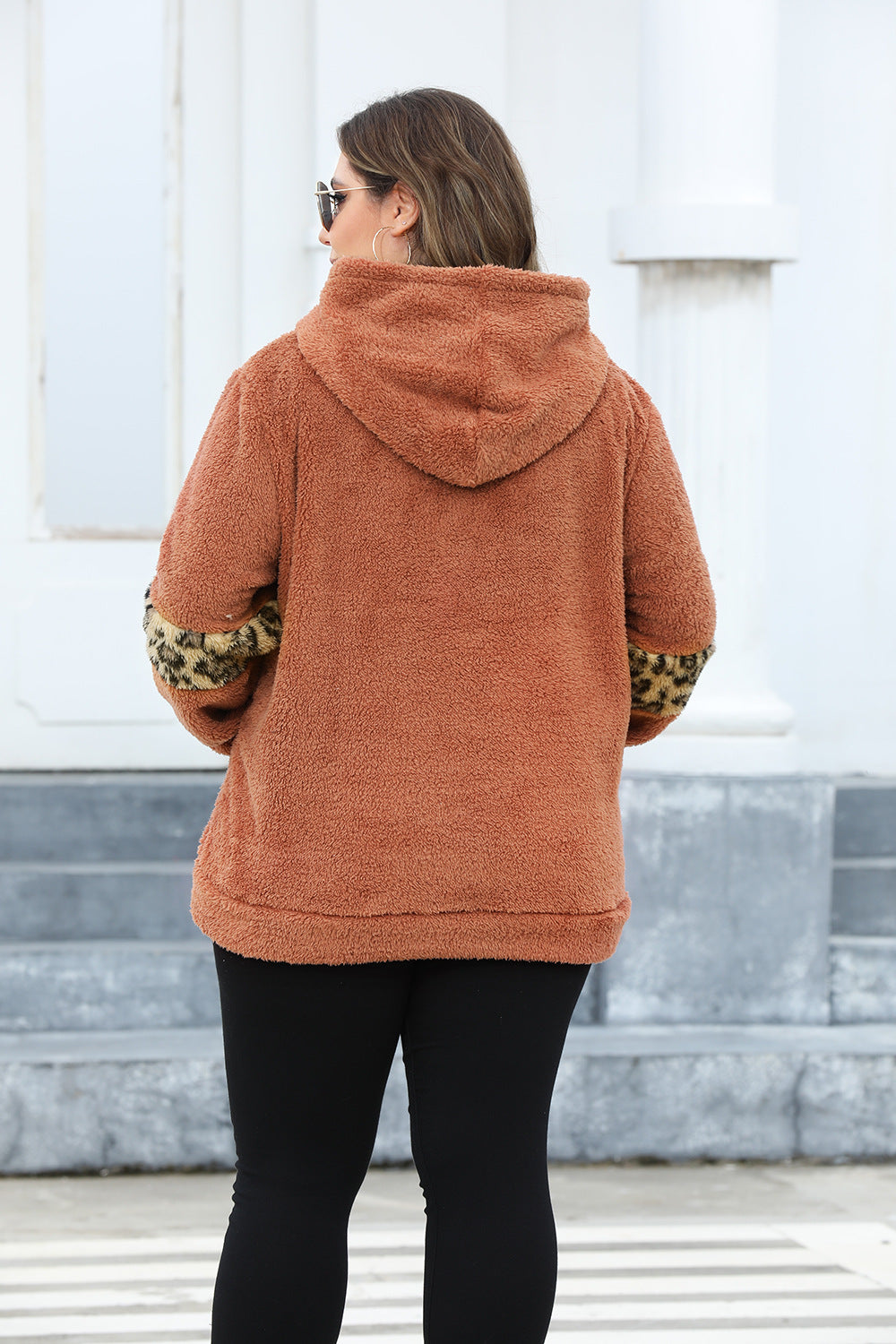 Plus Size Women Hooded Leopard Pocket Fleece Sweatshirt  Shop One Place