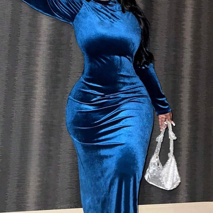 Plus Size Western Sheath Zipper Slit Long Sleeve Velvet Dress