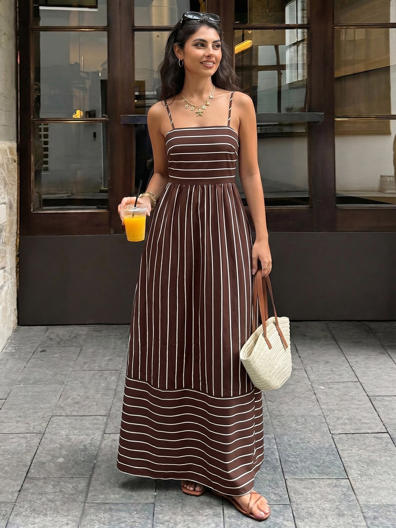Casual Vacation Striped Spaghetti Straps Backless Waist Trimming Dress  Shop One Place