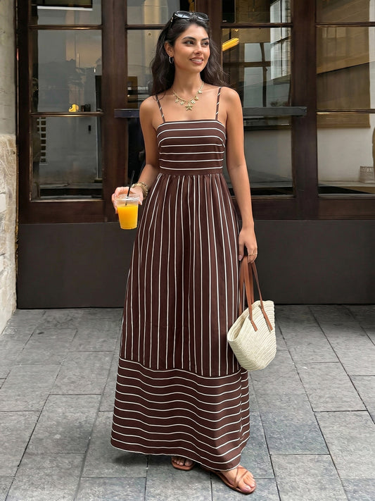 Casual Vacation Striped Spaghetti Straps Backless Waist Trimming Dress  Shop One Place