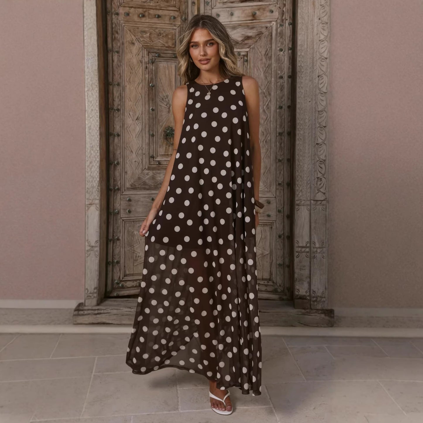 Women Summer Dress Mesh Polka Dot Printing A Swing Sleeveless Dress  Shop One Place