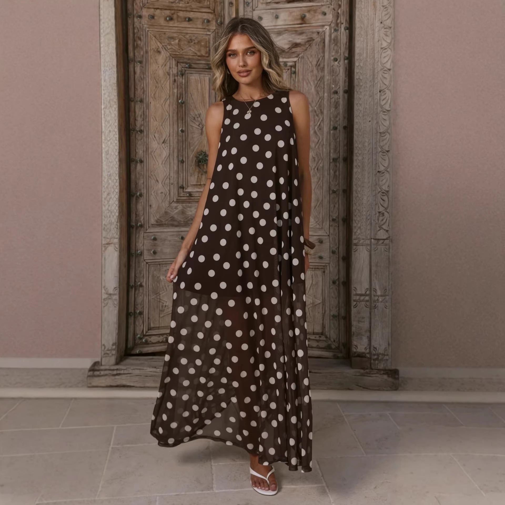 Women Summer Dress Mesh Polka Dot Printing A Swing Sleeveless Dress  Shop One Place