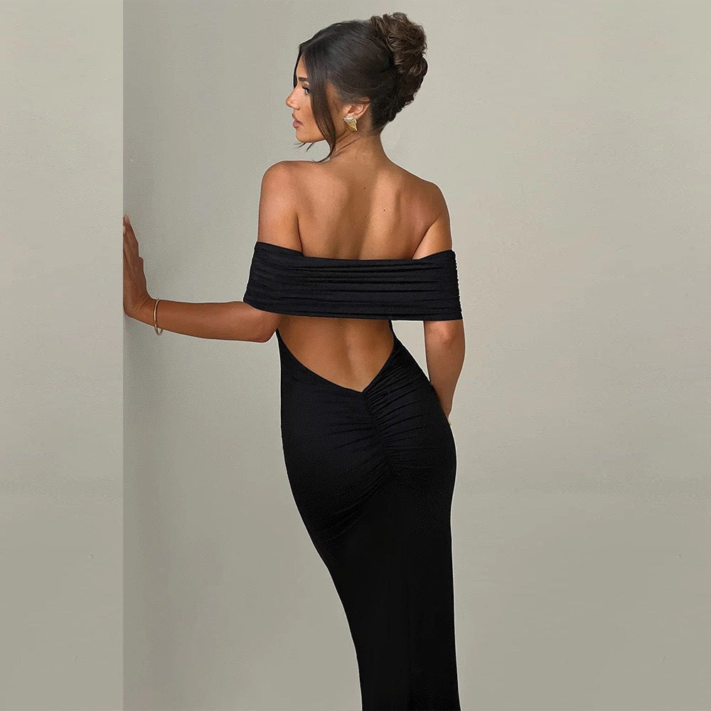 Sexy off Shoulder Backless Bag Hip Pleated Dress