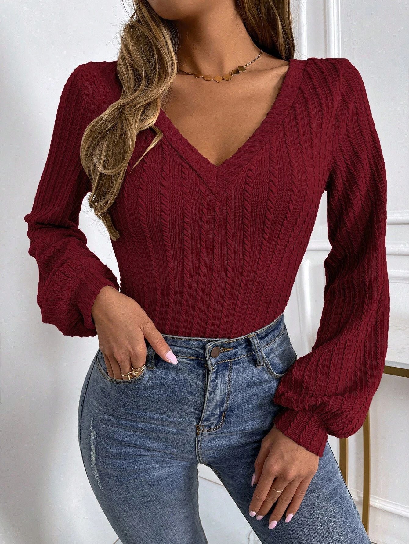 Lantern Sleeve Slim V-Neck Blouse  Shop One Place