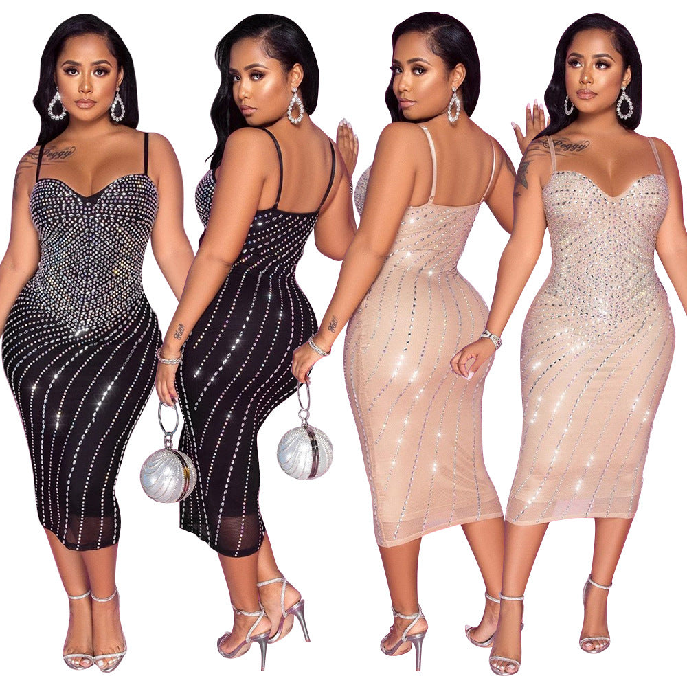 Tight Spaghetti Straps Tulle Rhinestone Dress