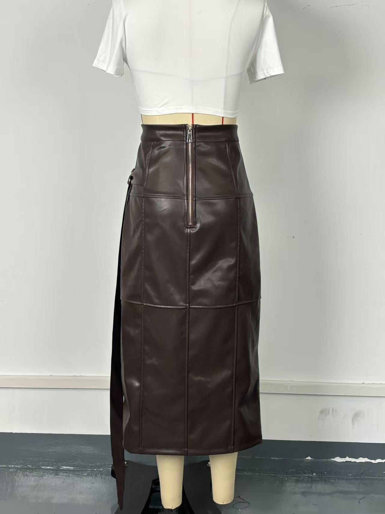 Faux Leather Asymmetric Midi Skirt with Belt