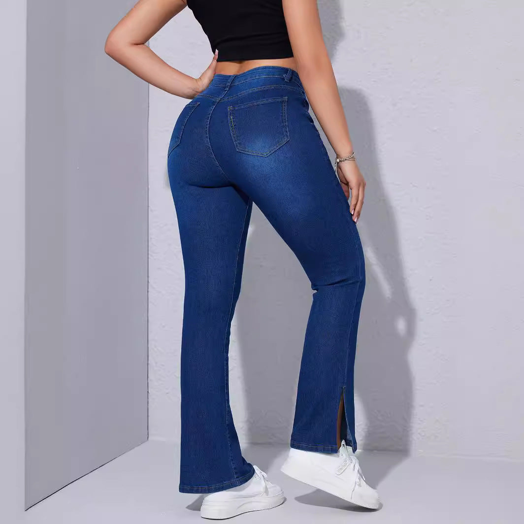 High Waist Stretch Foot Slit Slim Jeans