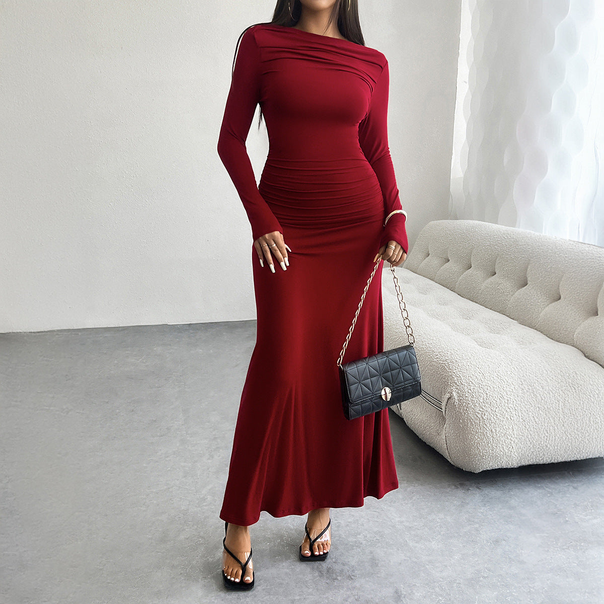 Solid Color Sheath Off Shoulder Collar Dress