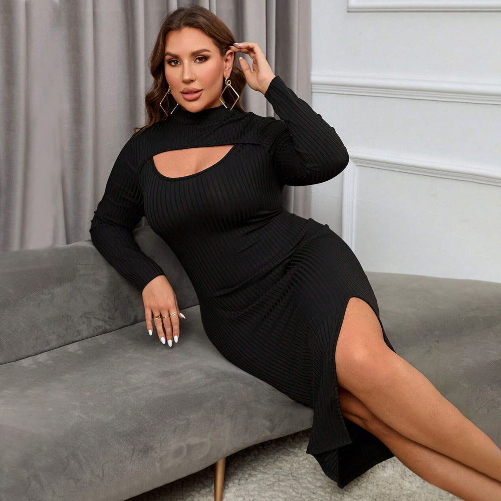 Plus Size Women Clothing Sexy Cutout Split Waist Fitted Sheath Long Sleeve Dress