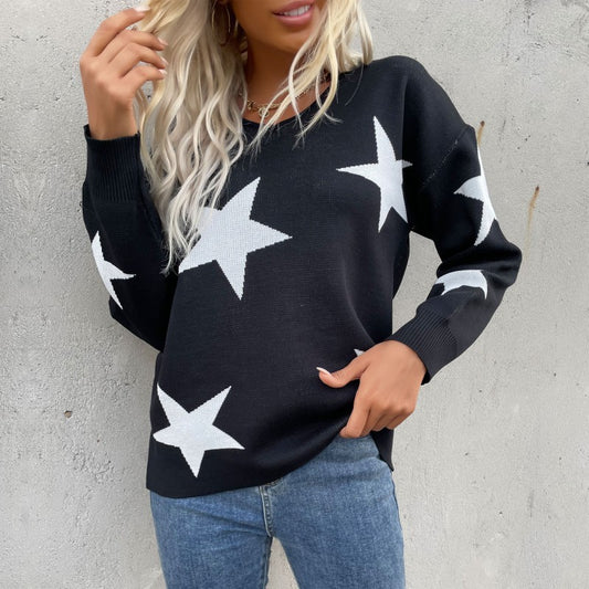 Women's pentagram round neck long sleeve bottoming knitted sweater  Shop One Place