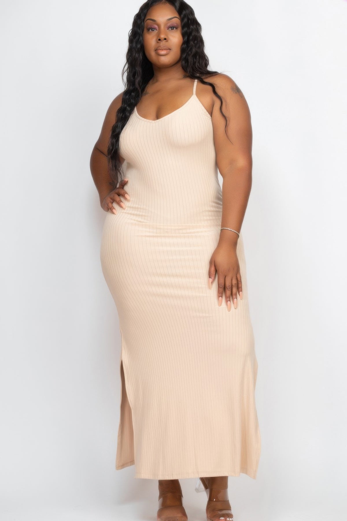 Plus Size Ribbed Side Slit Long Cami Maxi Dress  Shop One Place