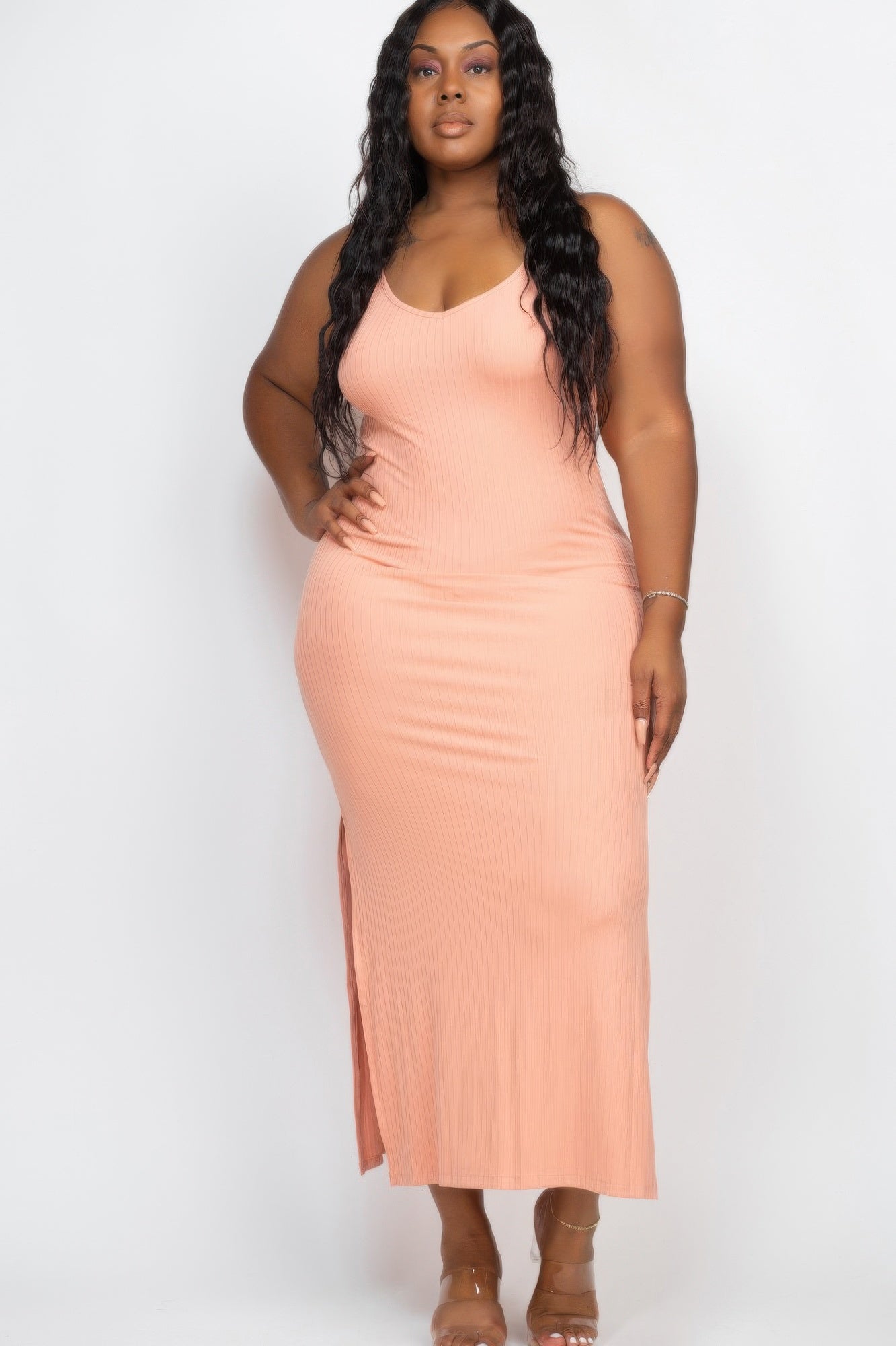 Plus Size Ribbed Side Slit Long Cami Maxi Dress  Shop One Place