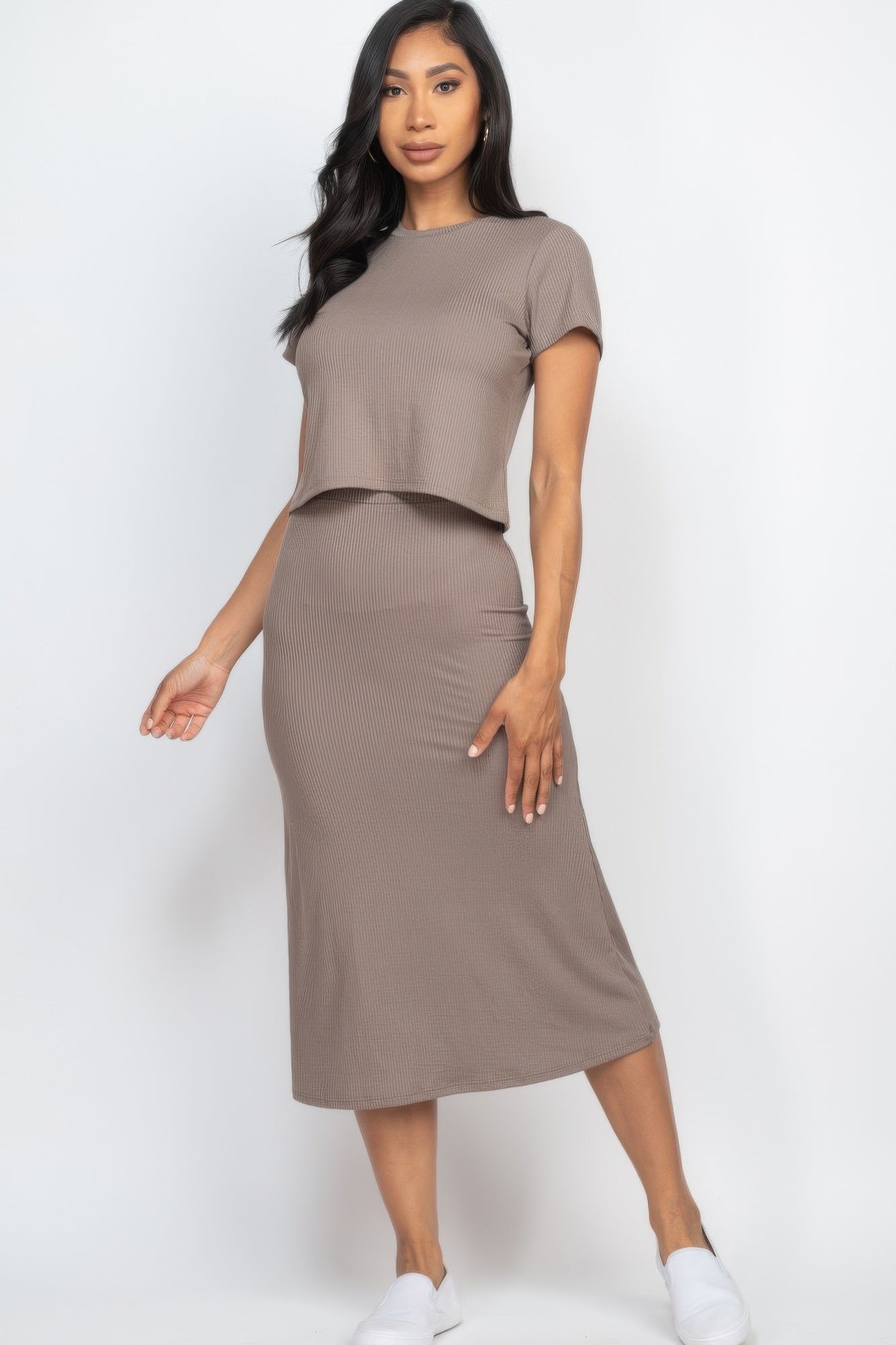 Short Sleeve Ribbed Top & Midi Skirt Se  Shop One Place