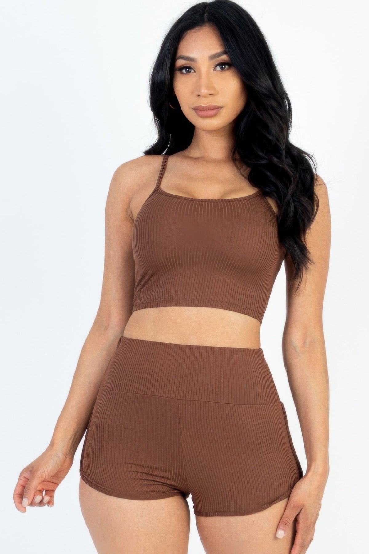 Ribbed Cami Crop Top & Ruched Shorts Set  Shop One Place