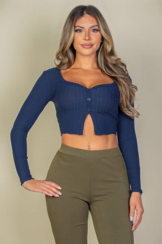Ribbed Button Front Split Long Sleeve Top  Shop One Place